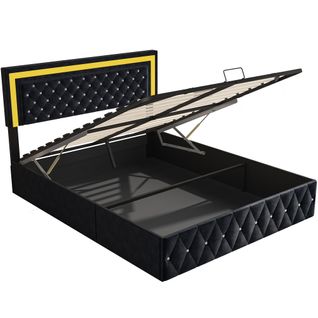 Lit Coffre 180x200 Cm Avec LED Et Rangement,lit 2 Personnes Avec Tête De Lit Réglable,velours,noir