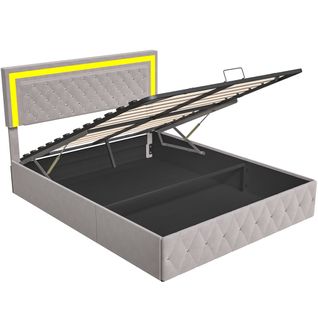 Lit Coffre 180x200cm Avec LED Et Rangement,lit 2 Personnes Avec Tête De Lit Réglable,velours,beige