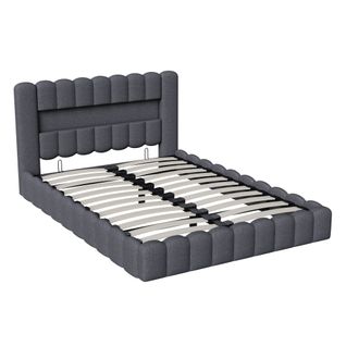 Lit Double 160 X 200 Cm, Hydraulique, Avec Espace De Rangement, LED Et Sommier à Lattes, Lin, Gris