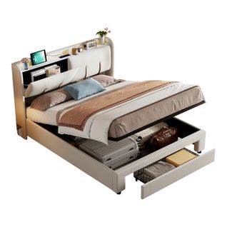 Lit Coffre 160x200 Cm Avec LED, 1 Tiroir, USB/type-c, Sommier à Lattes, Velours Blanc