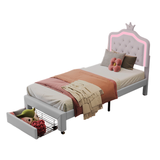 Lit Enfant 90x200 Cm, Simple Avec Sommier à Lattes, Tiroirs, LED, Lit Princesse Avec Couronne,blanc