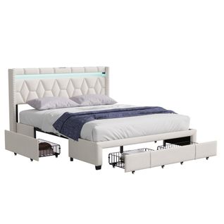 Lit Double 160x200 Cm, 4 Tiroirs Métal, LED + USB, Chevet Losange, Lin Beige