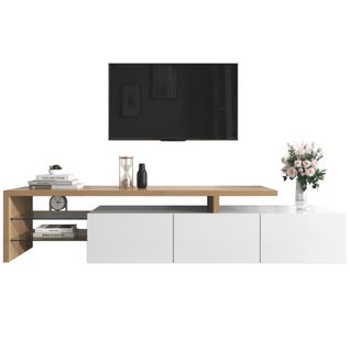Meuble TV Blanc Brillant, Aspect Bois, Étagères En Verre, Éclairage LED, Dimensions 197x39x42 Cm