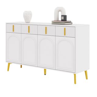 Buffet Avec Poignées Et Pieds Dorés, 4 Portes, 4 Tiroirs, Avec Stratifié Amovible, Blanc