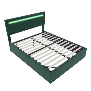 Lit Double 160 X 200 Cm,avec Hydraulique Et LED,velours Vert, Hauteur De Tête De Lit Réglable