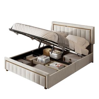 Lit Coffre 160x200 Avec Tête De Lit, Lit Capitonné Avec Sommier à Lattes, Lit Double, Beige