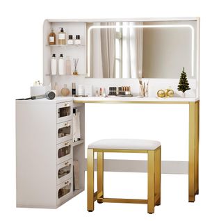 Coiffeuse Avec Tabouret, Miroir HD Et Lumières LED Réglables, Prise De Courant, 5 Tiroirs, Blanc