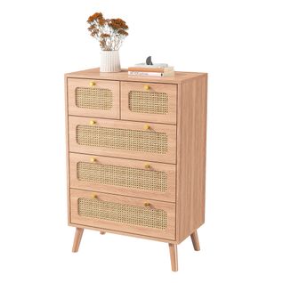 Commode En Rotin Meuble De Rangement Avec 5 Tiroirs, Buffet Commode Chambre (a Couleur Du Bois)