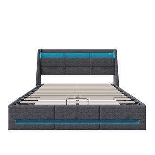 Lit 140x190 Avec Sommier LED Et USB, Lit Coffre Avec Rangement Et Tete De Lit, Gris