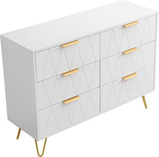Commode à 6 Tiroirs - En Bois - Pour Chambre à Coucher, Salon- 100 X 34 X 73 Cm - Blanc