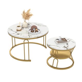 Lot De 2 Tables Basses Gigognes Rondes En Bois - Aspect Marbre - En Forme De U Dorée