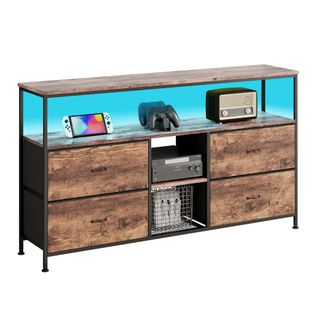 Meuble TV LED Avec 4 Tiroirs, 108x30x78cm Banc TV Rétro Buffet, Tiroir Bois