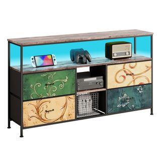 Meuble TV LED Avec 4 Tiroirs, 137x30x78cm Banc TV Rétro Buffet, Tiroirs Colorés