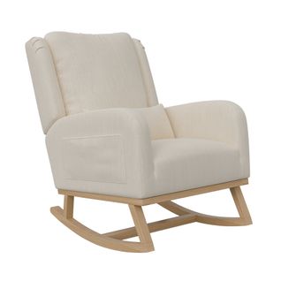 Fauteuil à bascule avec dossier haut, accoudoirs épais et poches latérales, lin