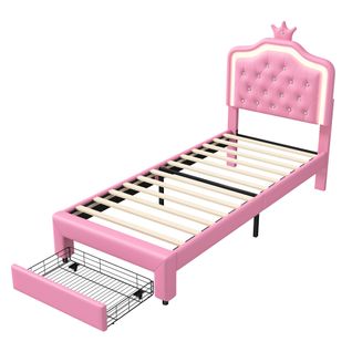 Lit Rembourré 90x200 Avec LED Tête De Lit, Sommier à Lattes En Bois, Rose