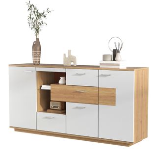 Buffet Blanc Et Bois Buffet Salon Buffet LED Avec 2 Portes Et 4 Tiroirs Étagère En Verre 160x40x77cm