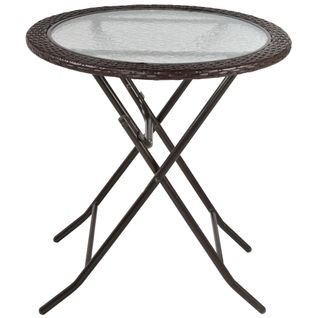 Table De Camping Pliante Ronde, Diamètre 68 Cm, Avec Bords En Rotin Et Cadre En Acier Robuste