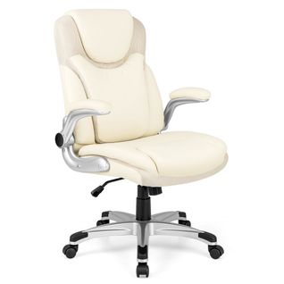 Chaise De Bureau Ergonomique, Chaise De Travail Cuir Pu Avec Accoudoirs Rabattables Pivotante Blanc