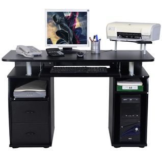Bureau Informatique Avec Support D’écran Tablette Clavier 2 Tiroirs Étagères Mdf 120x55x85cm Noir
