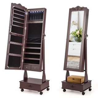 Armoire à Bijoux Avec Miroir Pleine Longueur Verrouillables LED Et Tiroirs 3 Angles Réglables Marron