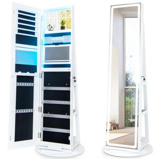 Armoire à Bijoux Avec Miroir Sur Pieds Pivotant Miroir Psyché Sans Cadre LED Verrouillable Blanc