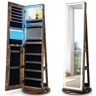 Armoire à Bijoux Avec Miroir Sur Pieds Pivotant Miroir Psyché Sans Cadre LED Verrouillable Café