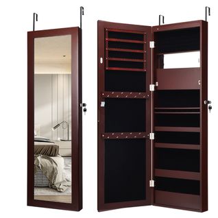 Armoire à Bijoux Murale Avec Miroir LED Intégrées Porte Verrouillable Avec 2 Clés 37x9x119cm Marron