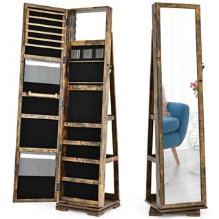 Armoire à Bijoux Pivotante à 360 Degrés Avec Grand Miroir Psyché Et Etagère De Rangement Café