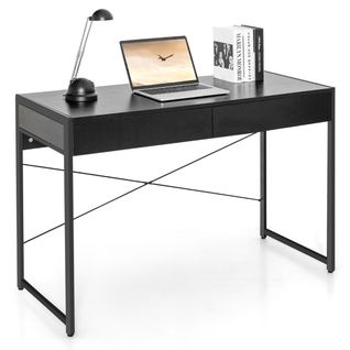 Bureau En Bois Et Acier Avec 2 Tiroirs 112x48x76cm Design Rétro Poste De Travail Noir