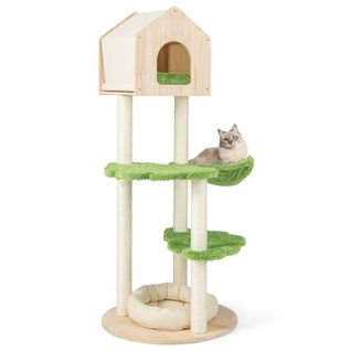 Arbre à Chat, Tour De Jeux Pour Chat 139 Cm Poteau Griffoir Condo Panier 2 Plate-forme Vert Bois