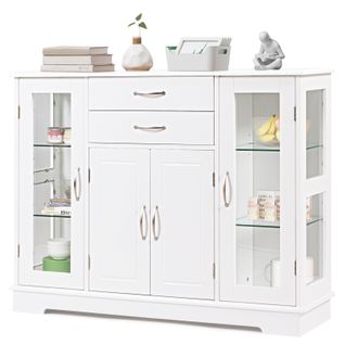 Buffet De Cuisine, Meuble De Rangement, Armoire De Cuisine Avec Porte En Verre 107x30x82 Cm Blanc
