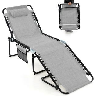 Transat Pliant, Bain De Soleil, Chaise Longue Réglable Avec Appuie-tête Amovible Gris