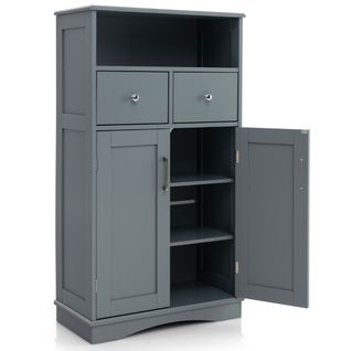 Meuble De Salle De Bain, Armoire Autoportante Avec 2 Portes 2 Tiroirs Et 2 Etagères Réglables