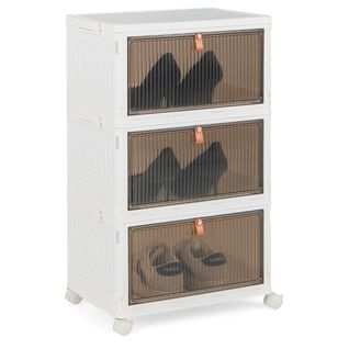 Meuble à Chaussures, Armoire à Chaussures Pliable 3 Niveaux Portes Transparentes Magnétiques