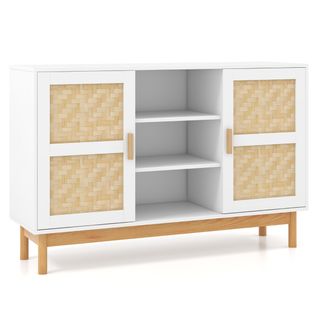 Buffet, Bahut, Meuble De Rangement Moderne 120 Cm Avec 2 Portes Tressées En Bambou 3 Étagères