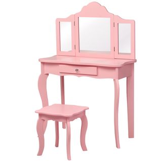 Coiffeuse Enfant, Table De Maquillage Rose Avec Tabouret Miroir à Trois Panneaux Et Tiroir
