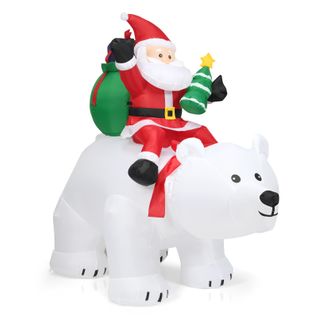 Père Noël Gonflable Sur L'ours - Décorations De Noël Polaire Blanc Tête Oscillante