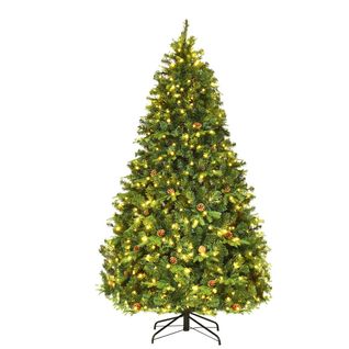 Sapin De Noël - Arbre De Noël Artificiel 225cm61 Pommes De Pin, Lumières LED, Pied En Métal 55cm