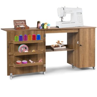 Table De Couture Pliable 3 Etagères Pour Bobines Roulettes Verrouillables158 X 50 X 75cm Brun