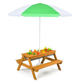 Table De Jardin Pour Enfant Avec 2 Bancs Et Parasol 2 Boîtes Pour Sable et Eau Plateau Amovible
