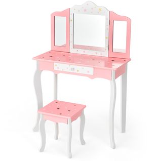 Coiffeuse Enfant, Table De Maquillage Avec Tabouret Tiroir Miroir à 3 Volets Amovible Rose