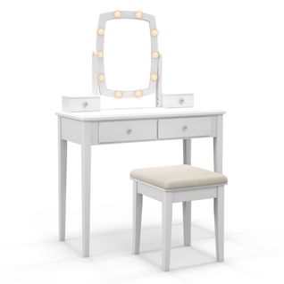 Coiffeuse Table De Maquillage Avec Miroir Tabouret Pivotant LED Et 4 Tiroirs Blanc