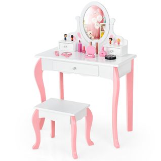 Coiffeuse Enfants Table De Maquillage Avec Tabouret Princesse Miroir Pivotant Et 3 Tiroirs Blanc