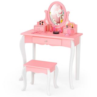 Coiffeuse Enfants Table De Maquillage Avec Tabouret Miroir Pivotant Et 3 Tiroirs Roseetblanc