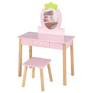 Coiffeuse Enfant Table De Maquillage Miroir Amovible Avec Tabouret Peigne Et Tiroir Bois Rose