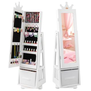 Armoire à Bijoux Pour Enfants Miroir Sur Pied Avec Grande Capacité De Rangement Et Base Pivotante