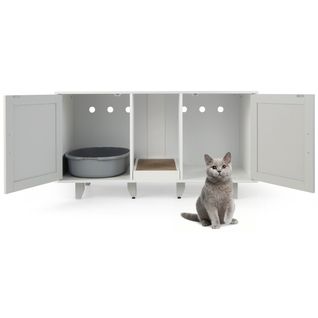 Bac à Litière, Maison De Toilette Pour Chat 2 Portes Planche à Gratter Amovible Gris