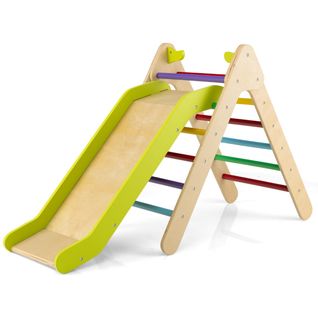 Toboggan Enfant 2 En 1 Avec Triangle D'escalade En Bois Massif Pente De Toboggan Réglable