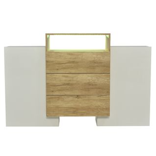 Buffet Blanc Et Bois Avec Lumière LED, Buffet De Salon Avec 2 Portes Et 3 Tiroirs