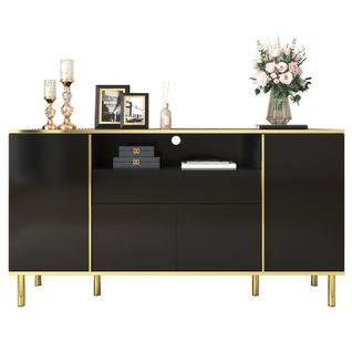Meuble De Rangement Noir Buffet Avec Quatre Portes Et Deux Tiroirs Armoire LED Moderne